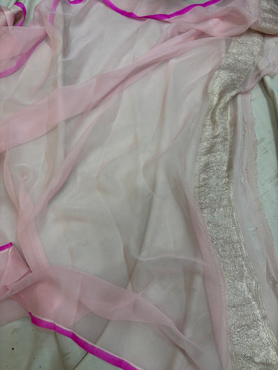 Pure khaddi chiffon saree in baby pink colour with Rani piping border