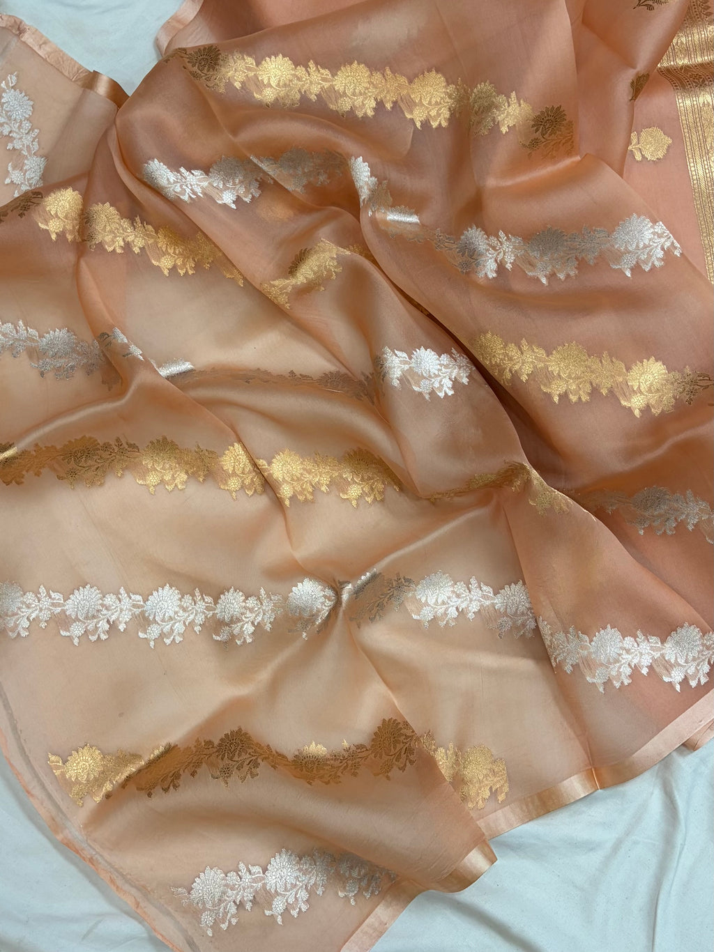 Pure handloom organza silk saree in peach colour