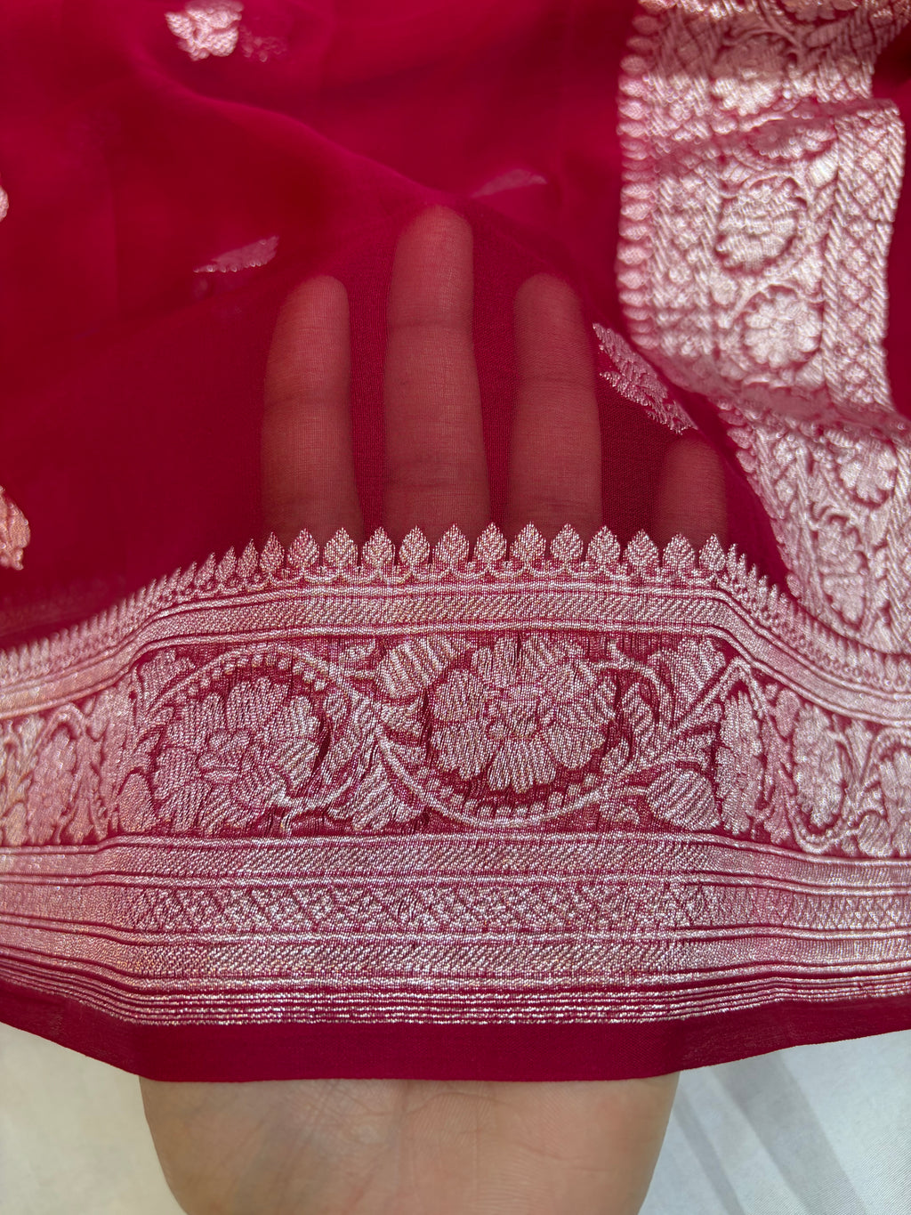 Maroon Red pure Khaddi Chiffon Banarasi Zari Border Saree