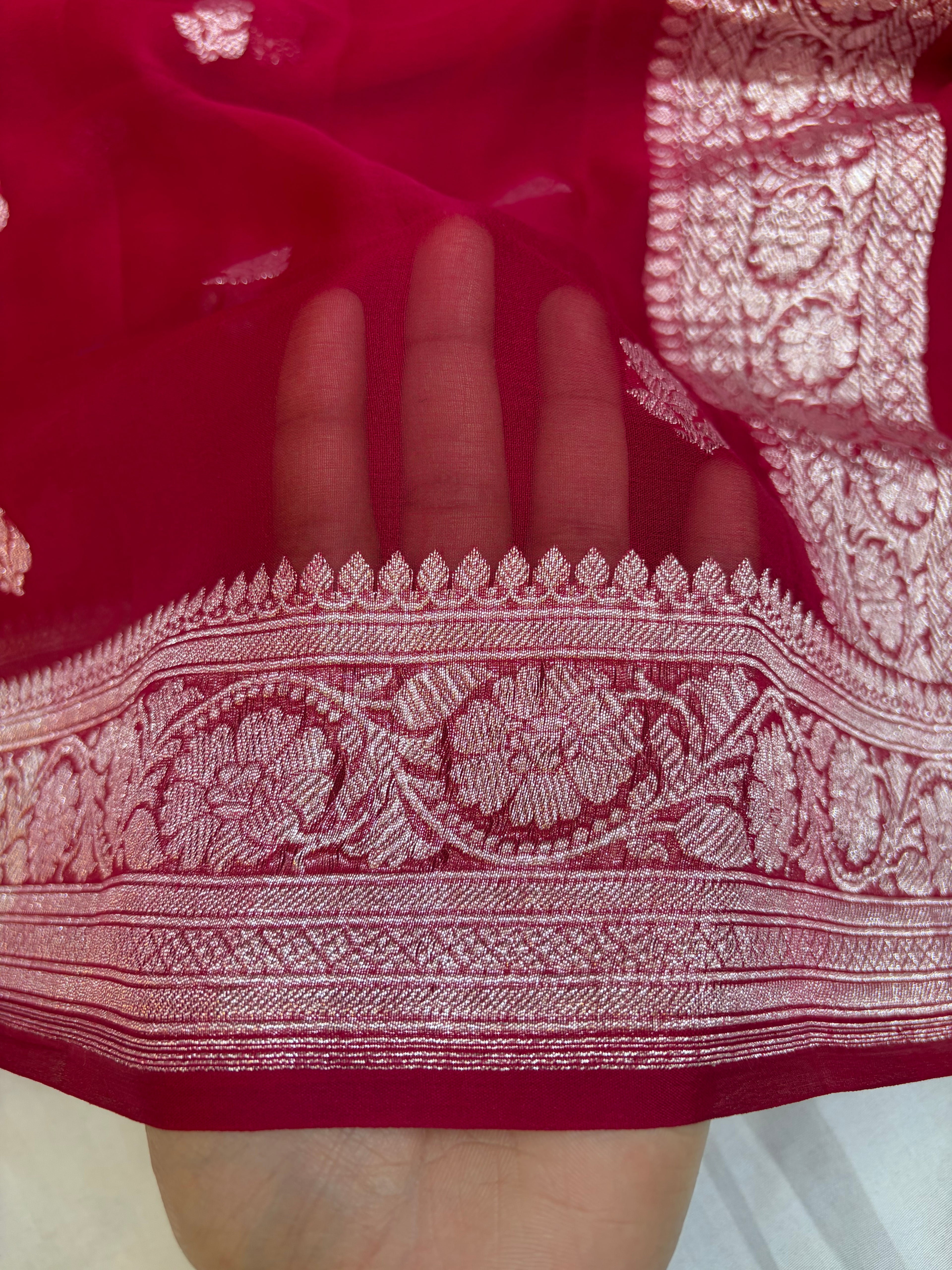 Maroon Red pure Khaddi Chiffon Banarasi Zari Border Saree