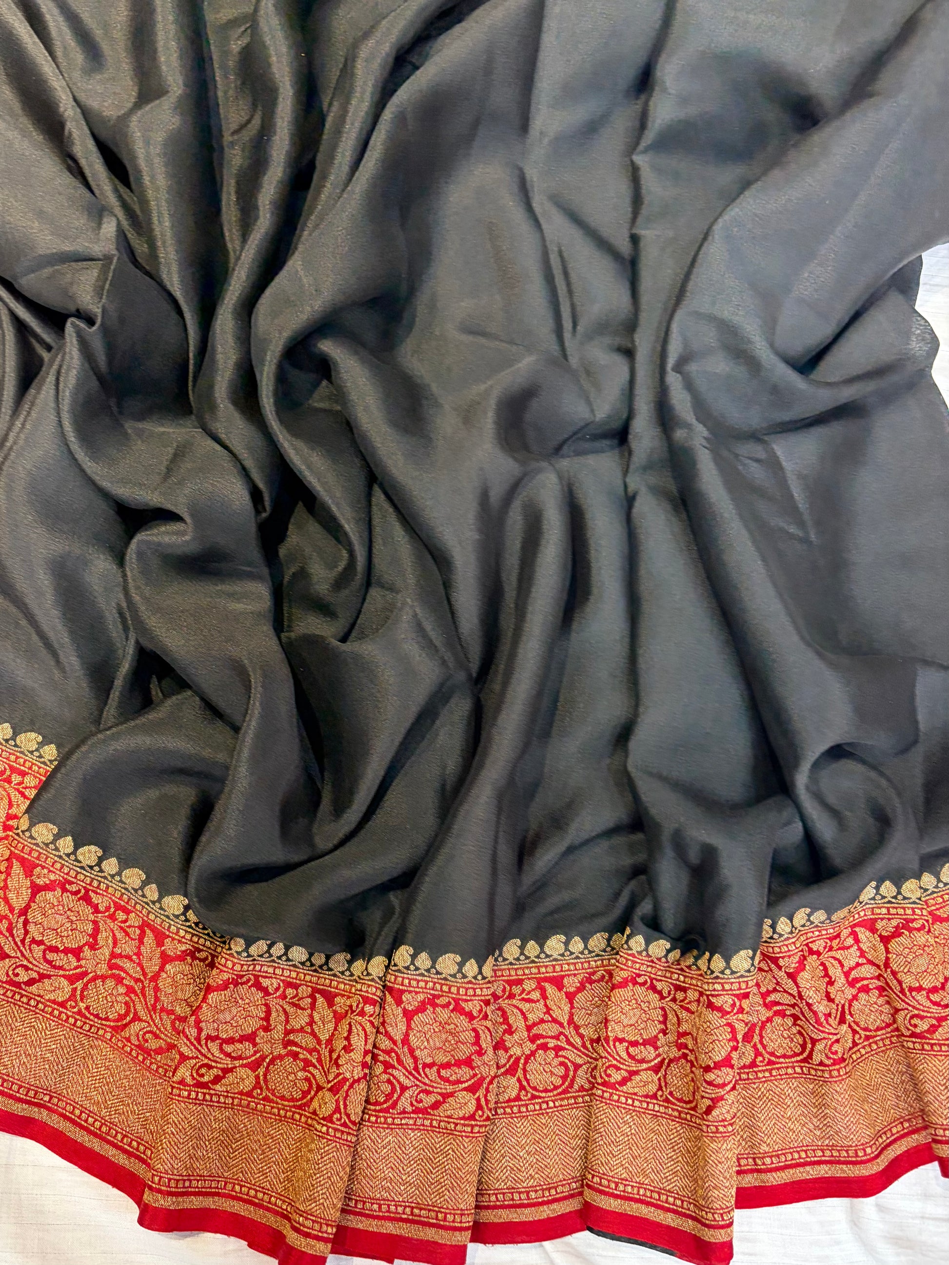 Pure khaddi crepe silk saree plain black saree with red Anchal border work