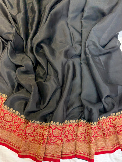 Pure khaddi crepe silk saree plain black saree with red Anchal border work