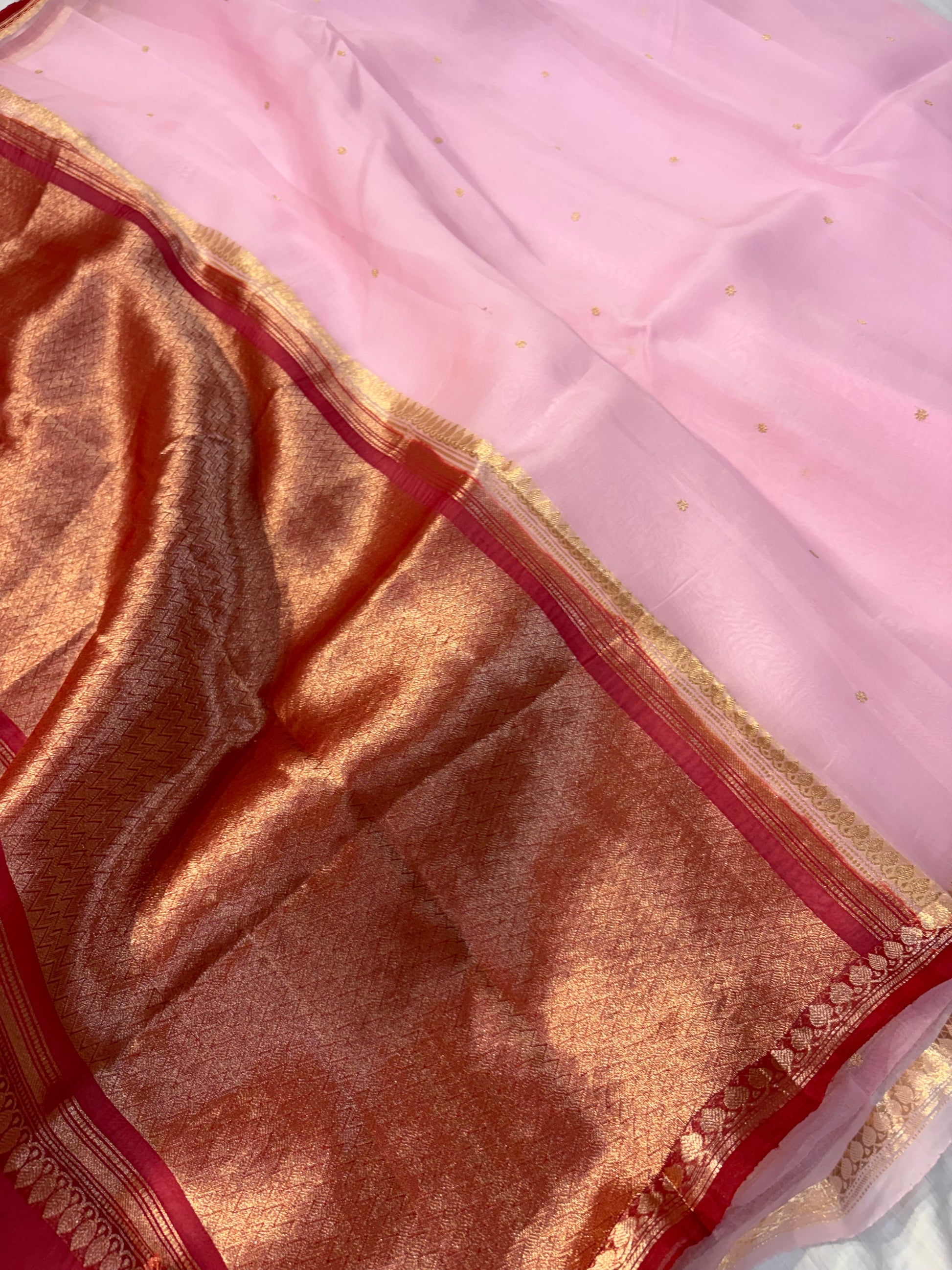 Pure handloom organza silk saree with baby & red colour combination