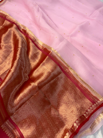 Pure handloom organza silk saree with baby & red colour combination