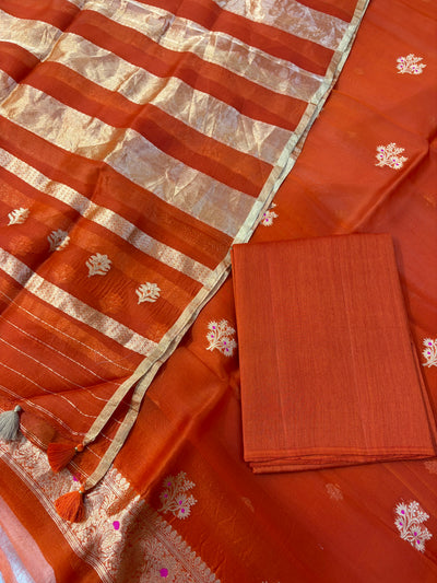 Pure Handloom Kora silk suit set in rust orange  colour with meenakari work