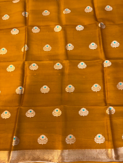 Pure Handloom Kora silk suit set in gold yellow with chocolate brown colour