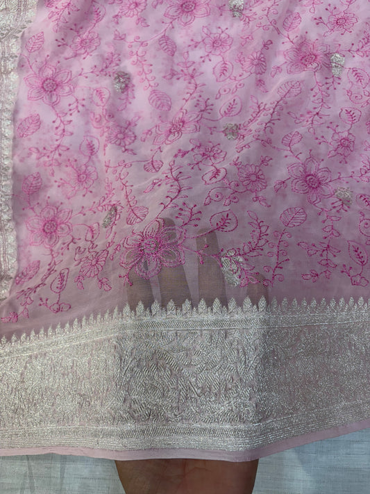 Pure khaddi chiffon saree in baby pink colour with all over chickenkari work