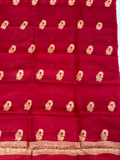 Pure Handloom Kora silk suit set in cherry red colour with meenakari work