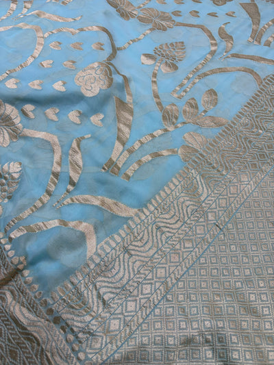 Pure georgette silk saree in pastel sky blue colour