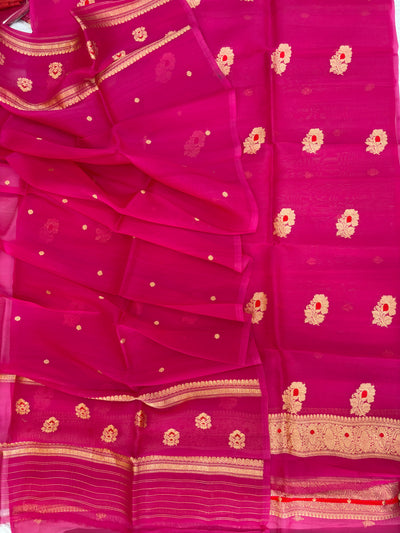 Pure Handloom Kora silk suit set in Rani colour with meenakari work