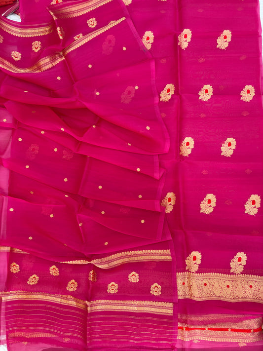 Pure Handloom Kora silk suit set in Rani colour with meenakari work