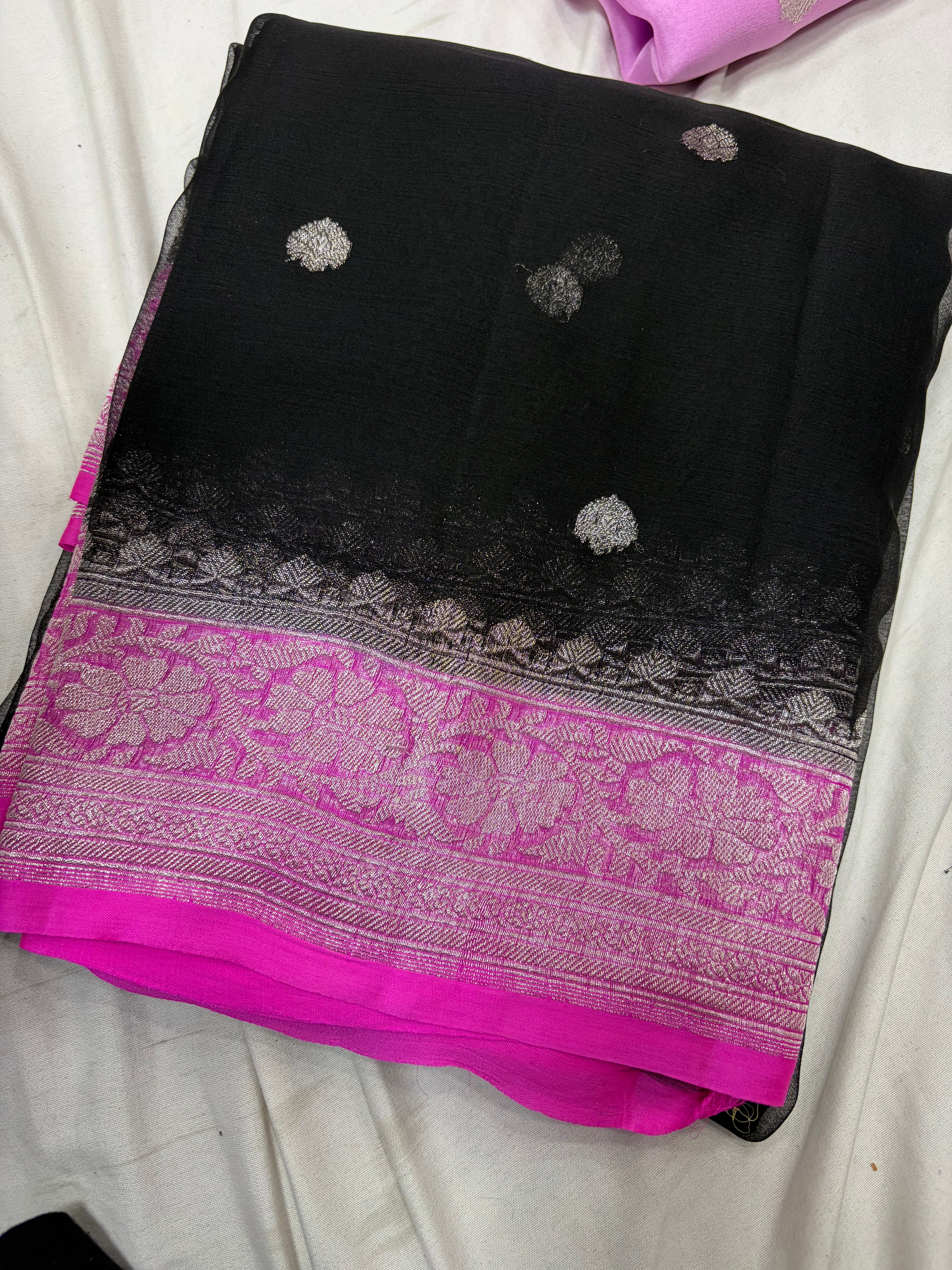 (Copy) Pure Khaddi Chiffon Banarasi Border Booti Saree
