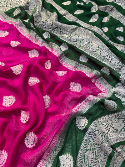 Pure georgette silk saree in temple design in a beautiful combination of Rani with bottle green colour