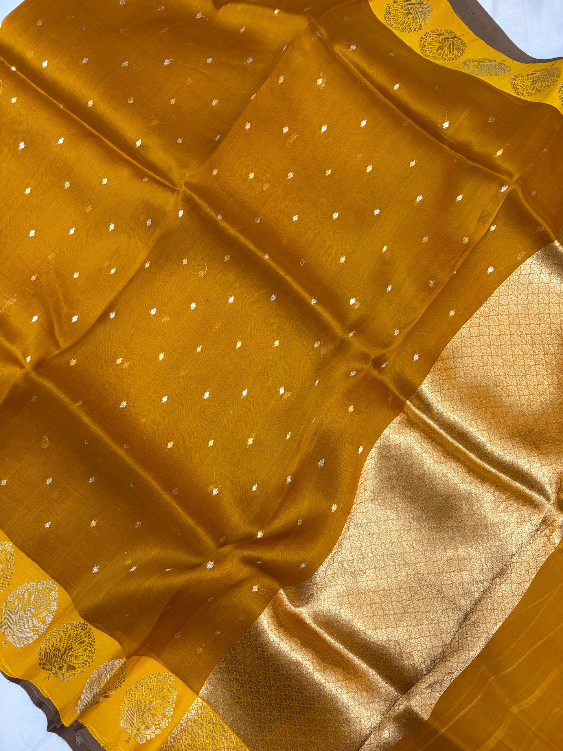 Pure handloom organza silk saree in dark yellow gold colour