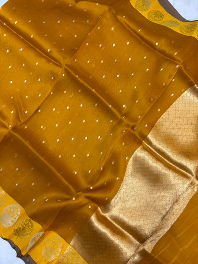 Pure handloom organza silk saree in dark yellow gold colour