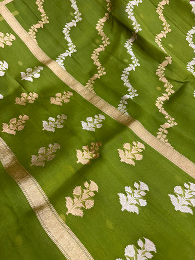 Pure handloom organza silk saree in olive green colour