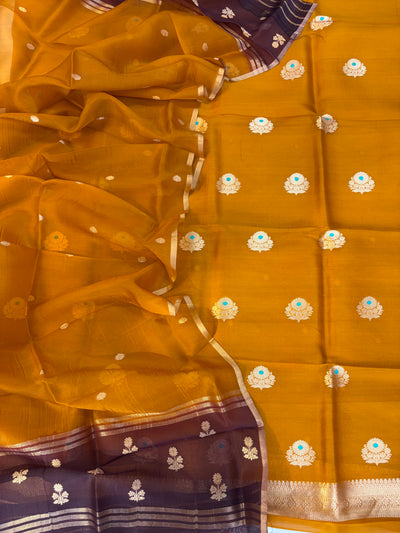 Pure Handloom Kora silk suit set in gold yellow with chocolate brown colour