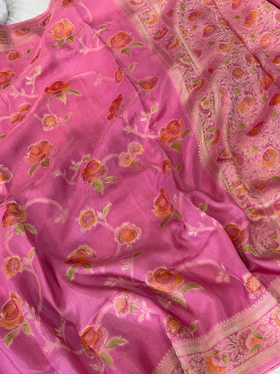Pink rosy jaal georgette silk Banarasi saree