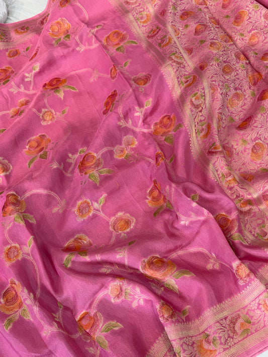 Pink rosy jaal georgette silk Banarasi saree