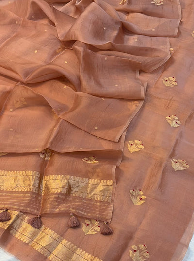 Pure Handloom Kora silk suit set in dusty rose colour with meenakari work