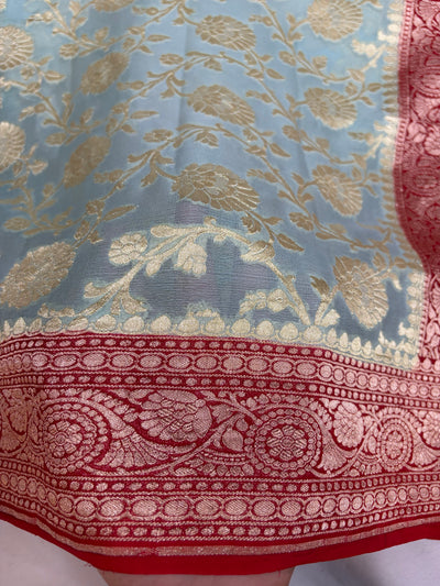 Pure Banarasi handloom georgette silk saree in sky lie with red colour