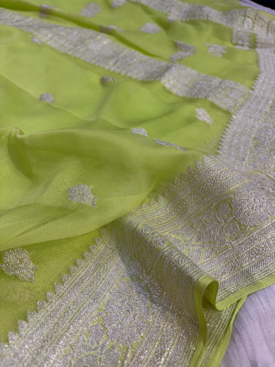Pure khaddi chiffon saree in neon green colour
