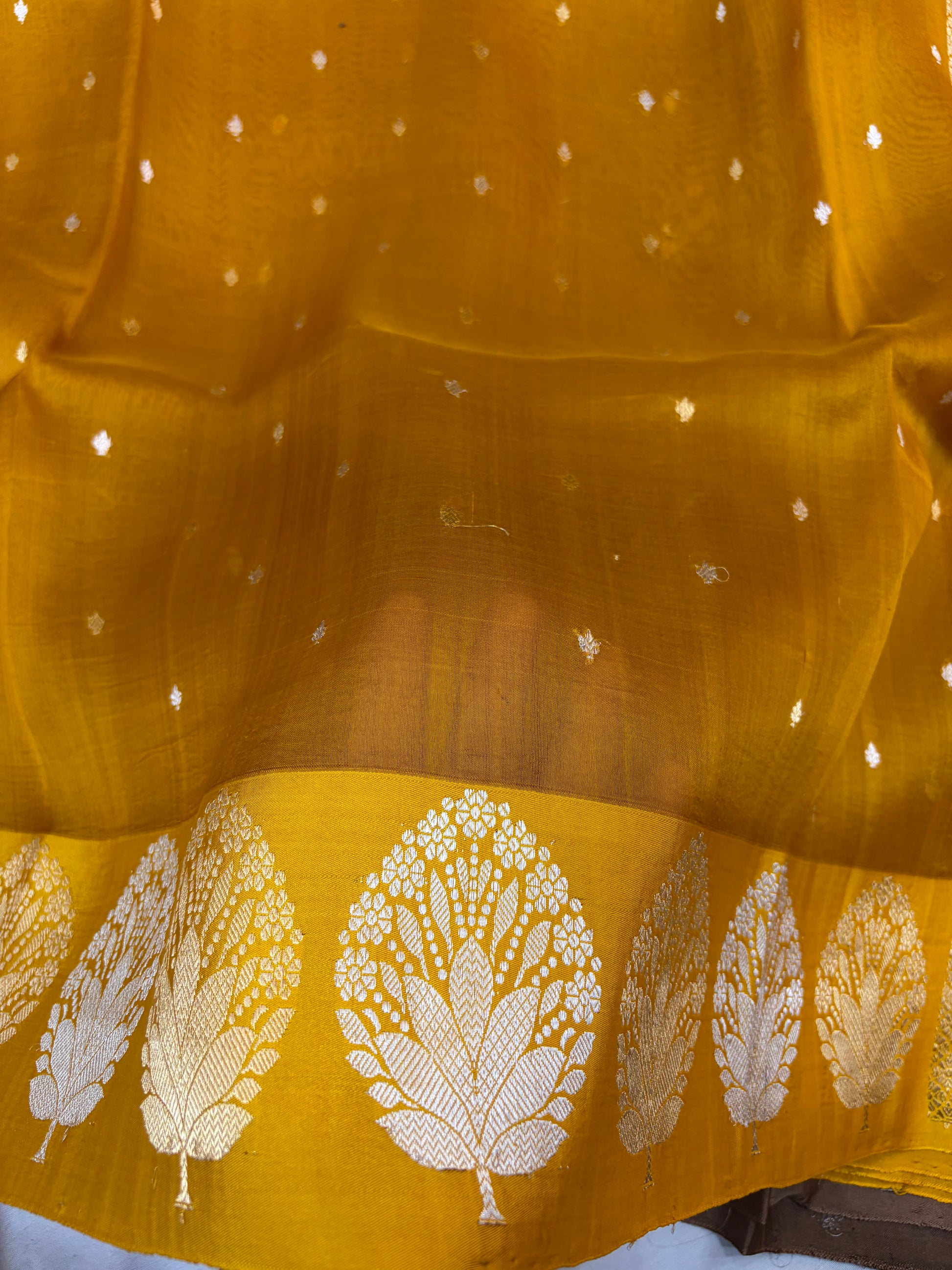 Pure handloom organza silk saree in dark yellow gold colour