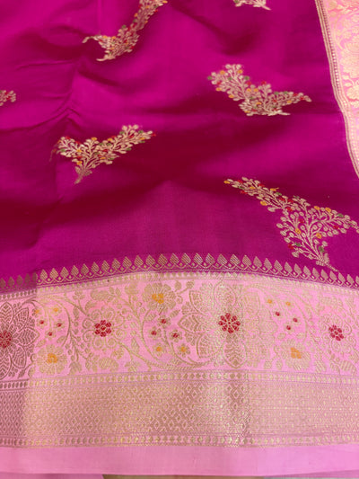 Pure raw mango saree in Rani with baby pink colour combination