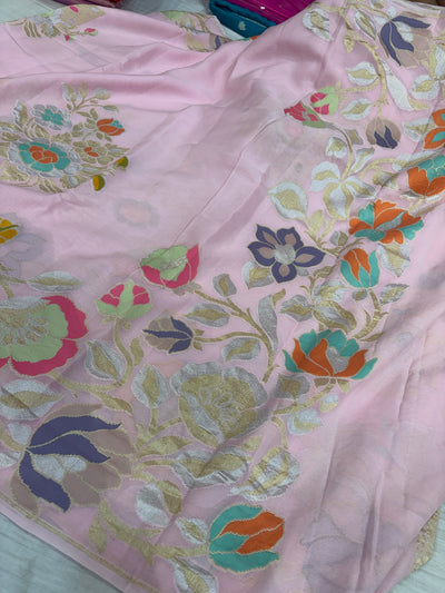 Pure Banarasi handloom georgette silk saree in baby pink colour with all over meenakari work