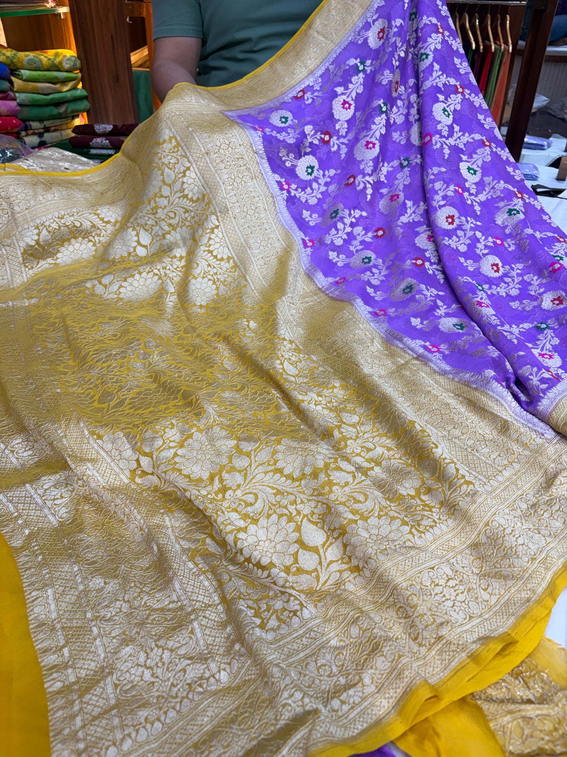 Pure Banarasi handloom georgette silk saree in levender with gold yellow colour