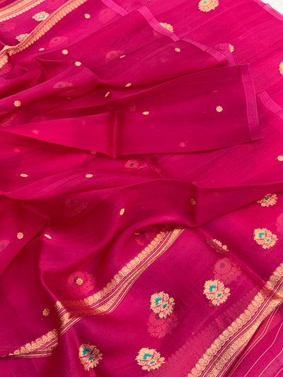 Pure Handloom Kora silk suit set in light Rani colour with meenakari work