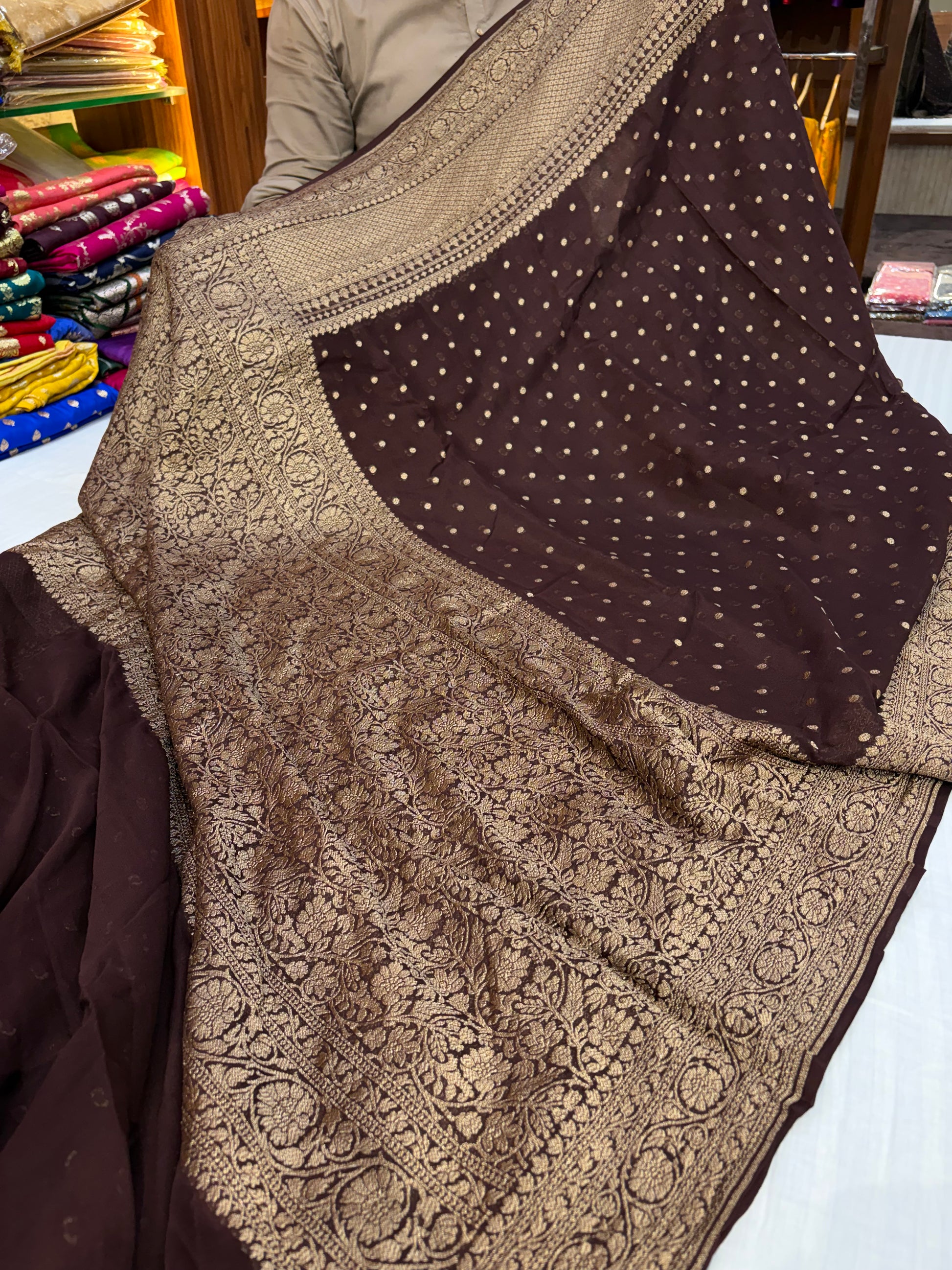 Pure georgette silk saree in Dark Brown colour