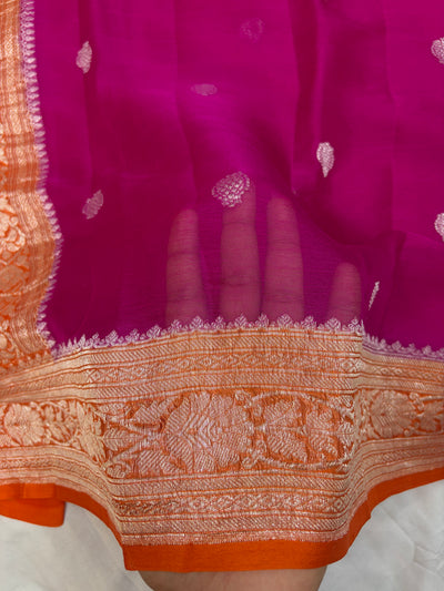 Pure khaddi chiffon saree is rani & orange colour