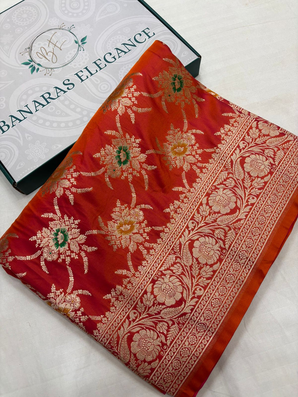 Orange Mashru Silk Saree With Zari  Border Mina Boota