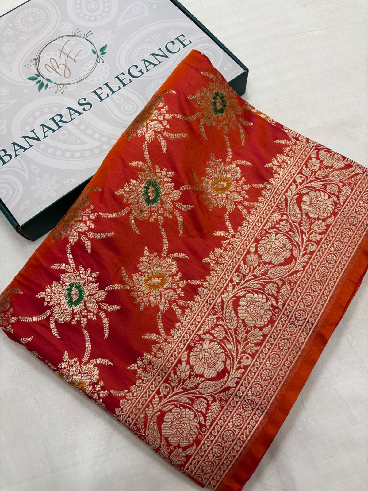 Orange Mashru Silk Saree With Zari  Border Mina Boota