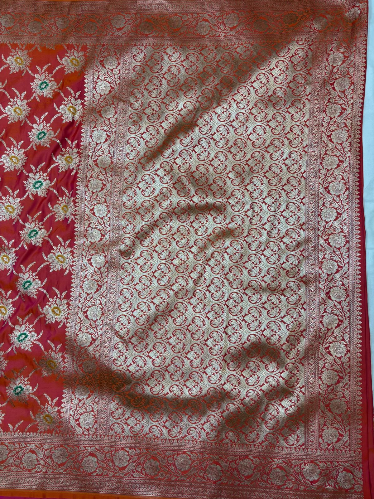 Orange Mashru Silk Saree With Zari  Border Mina Boota