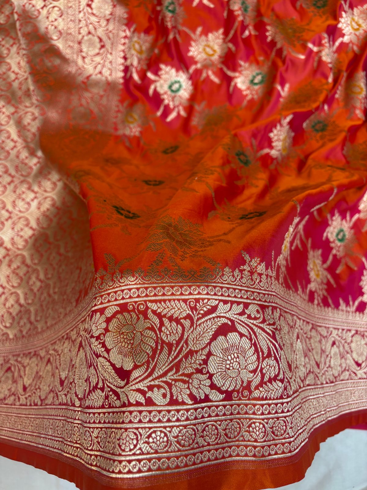 Orange Mashru Silk Saree With Zari  Border Mina Boota