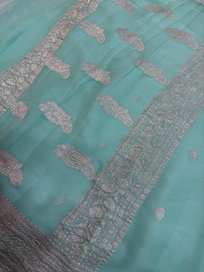 Pure khaddi chiffon saree in sea green colour