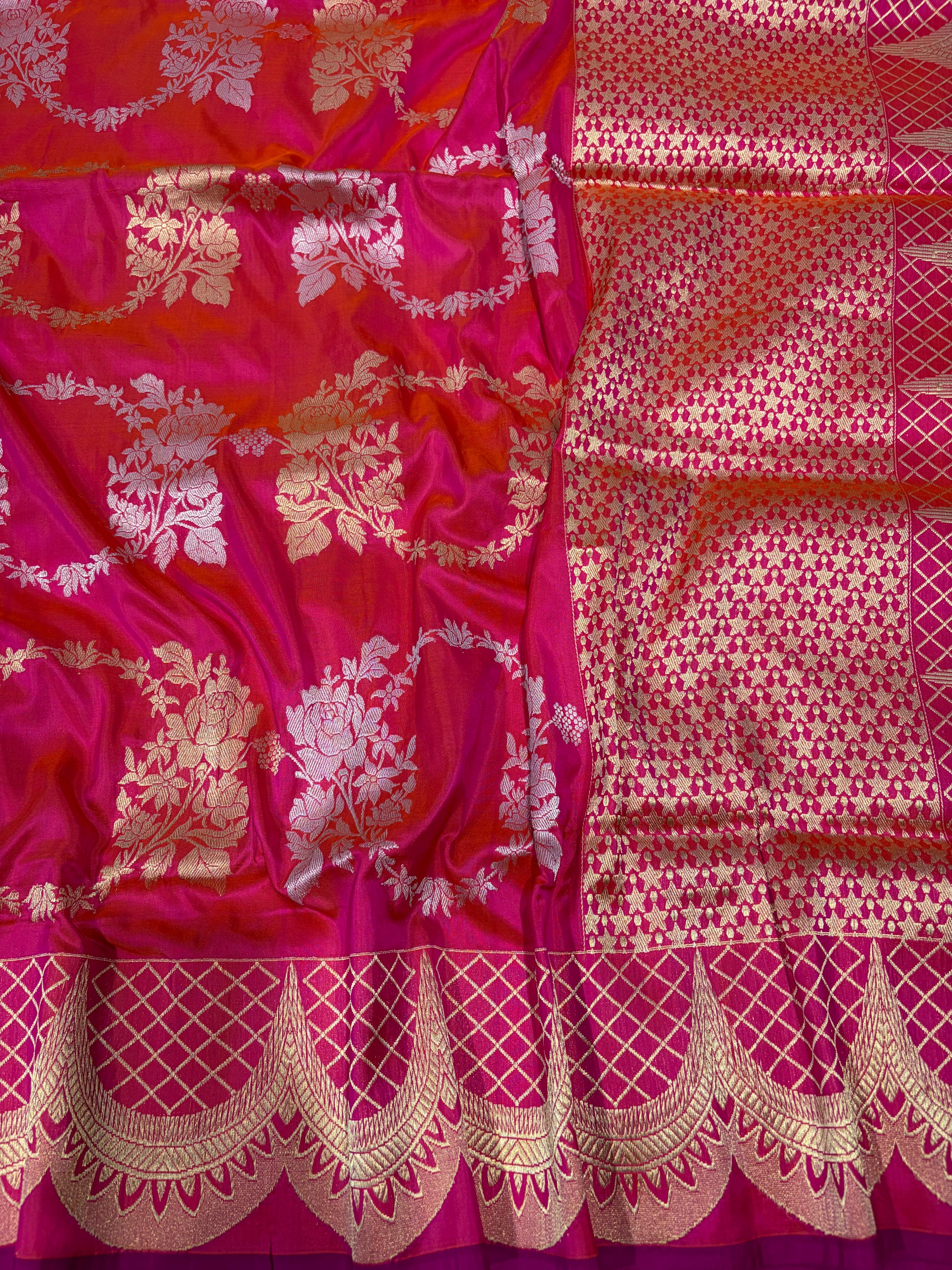 Premium pure katan silk saree with sona rupa work in beautiful rani colour