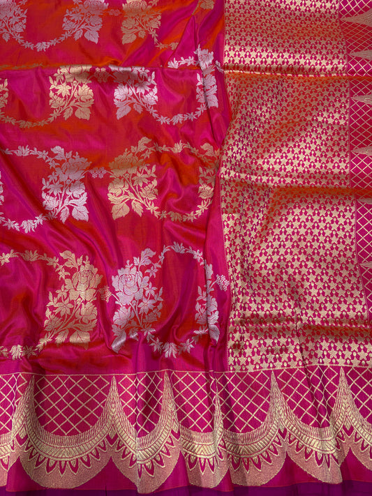 Premium pure katan silk saree with sona rupa work in beautiful rani colour