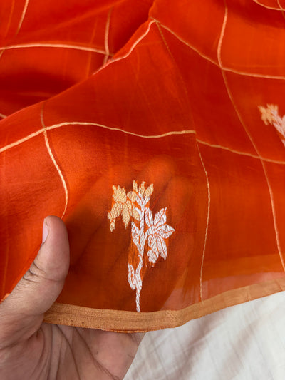 Pure handloom organza silk saree in orange colour