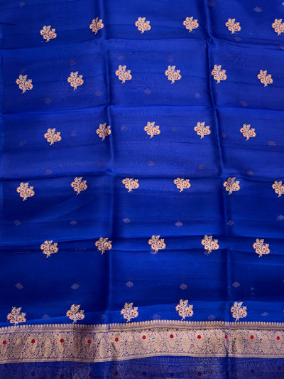Pure Handloom Kora silk suit set in royal blue colour with meenakari work
