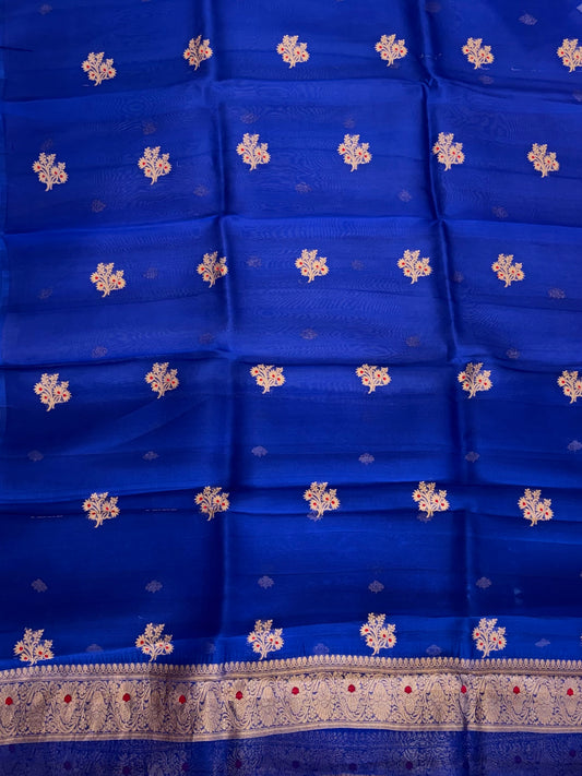 Pure Handloom Kora silk suit set in royal blue colour with meenakari work