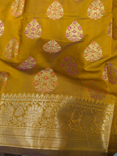 Banarasi katan by katan silk saree in mustard gold  colour with multiple meenakari work