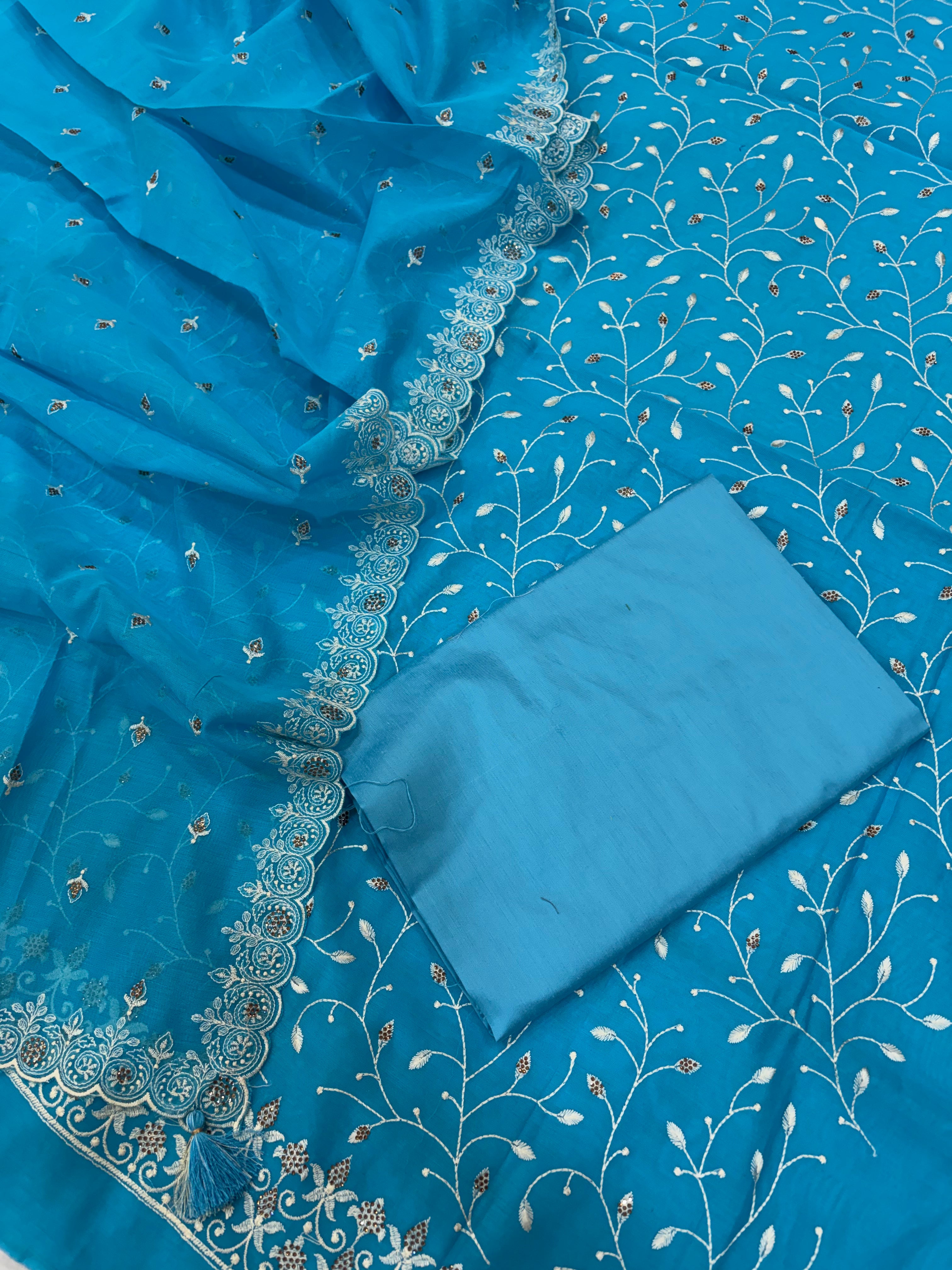 Banarasi sapphire blue soft silk suit with all over embroidery work