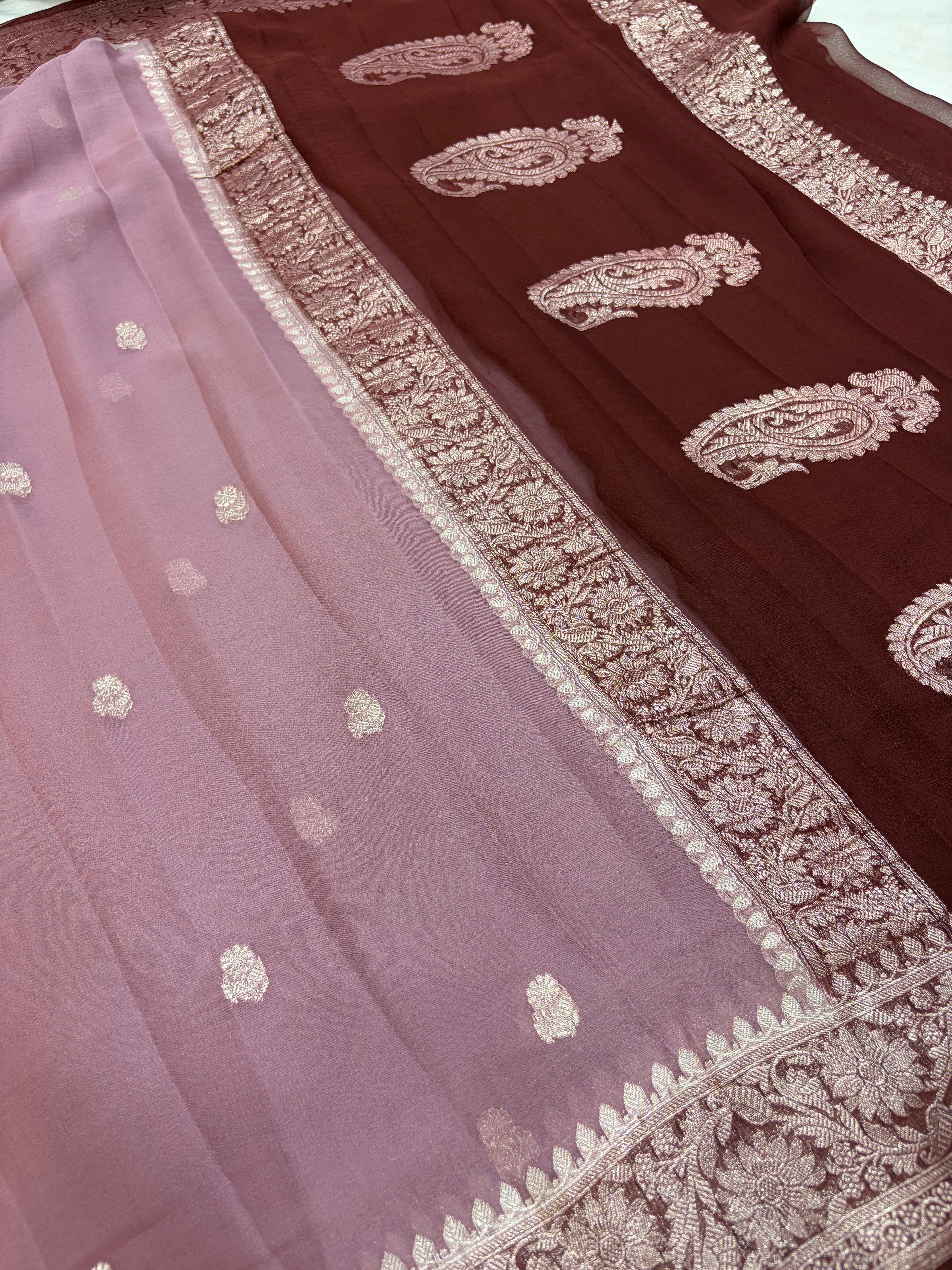 Pure khaddi chiffon saree in dark tea rose with chocolate brown colour