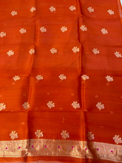 Pure Handloom Kora silk suit set in rust orange  colour with meenakari work