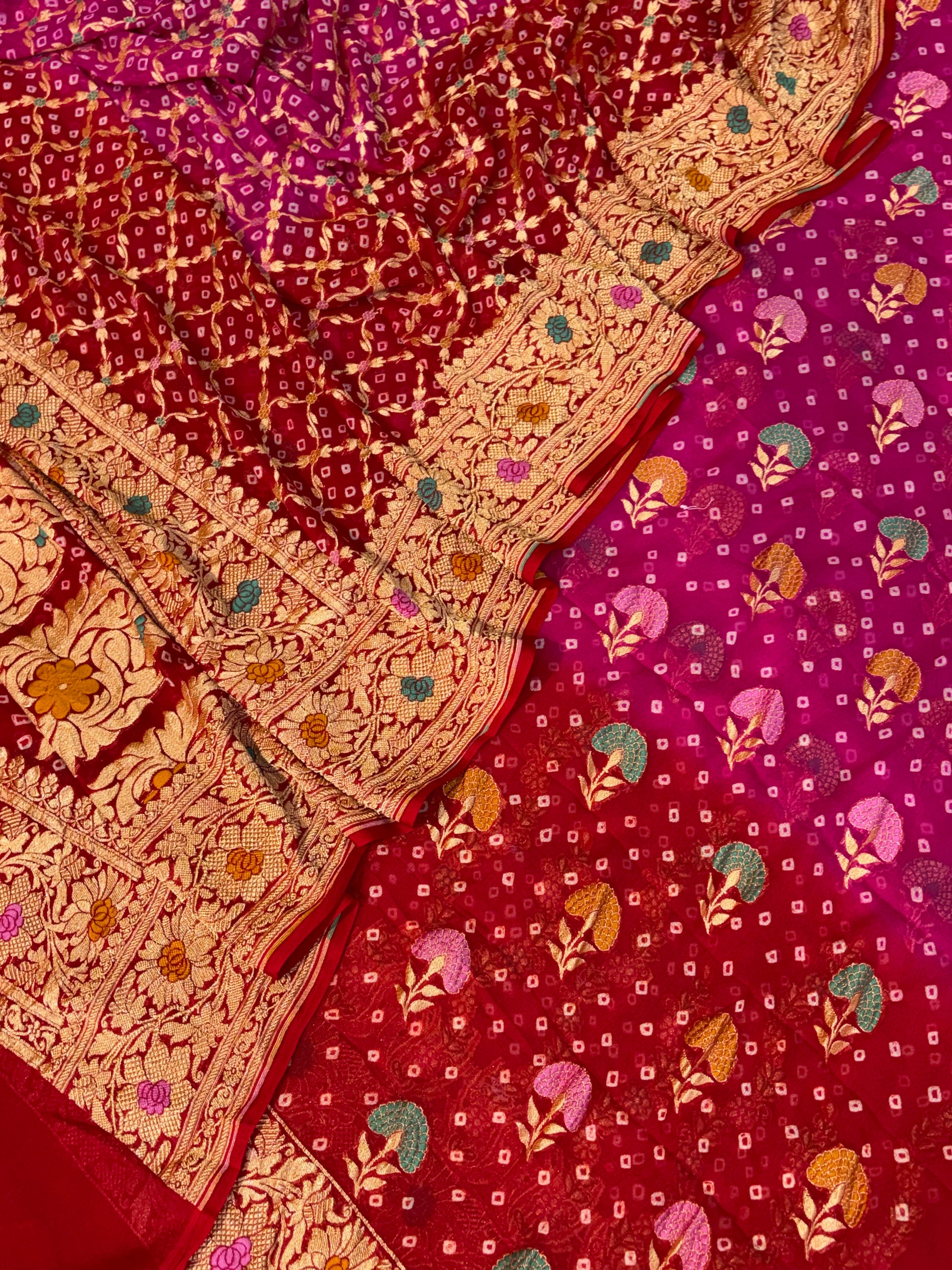 Pure georgette bandhani suit in Rani pink with maroon red colour