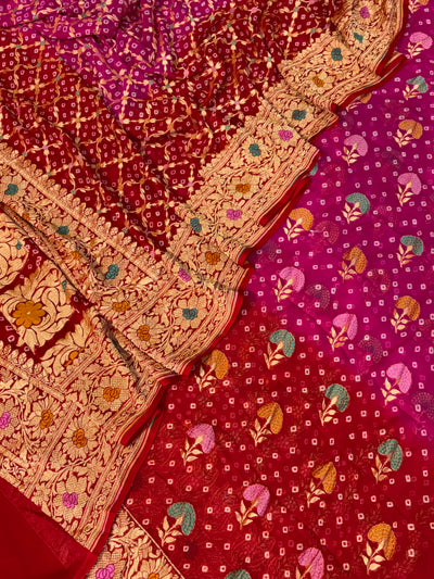 Pure georgette bandhani suit in Rani pink with maroon red colour
