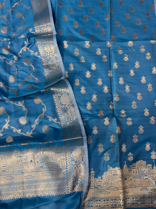 Banarasi soft silk suit in turquoise blue colour with temple design work